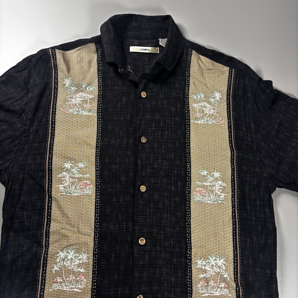 Vintage Rayon Hawaiian Camp Shirt Black Tan Panel‎ Tropical Mens Small